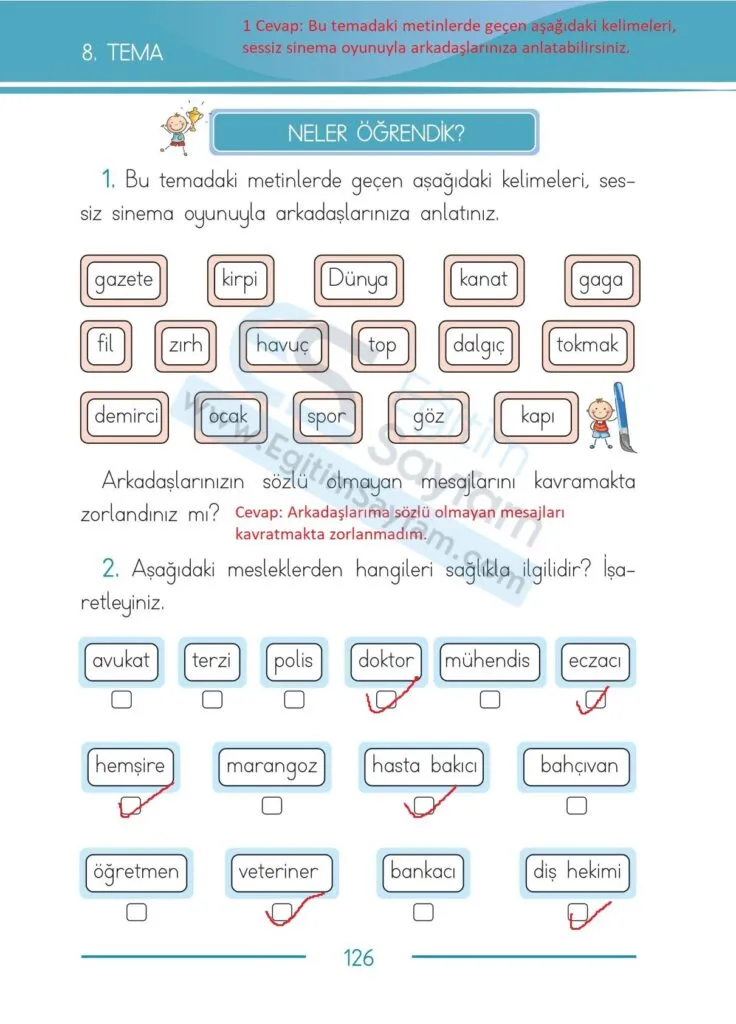 1. Sinif Turkce Ders Kitabi Cevaplari Bilim ve Kultur Yayinlari 126