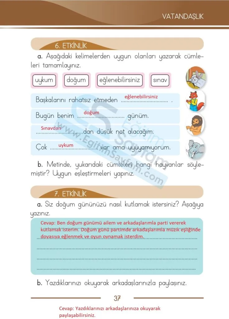 1. Sinif Turkce Ders Kitabi Cevaplari Bilim ve Kultur Yayinlari 37