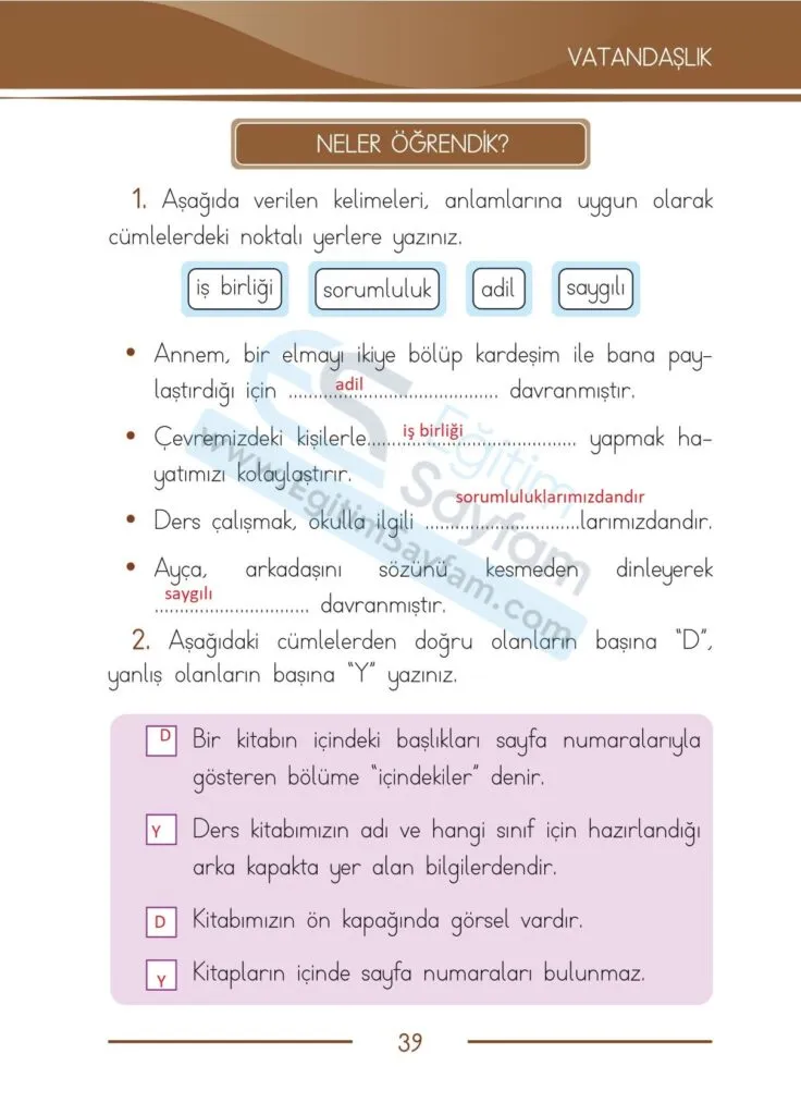 1. Sinif Turkce Ders Kitabi Cevaplari Bilim ve Kultur Yayinlari 39