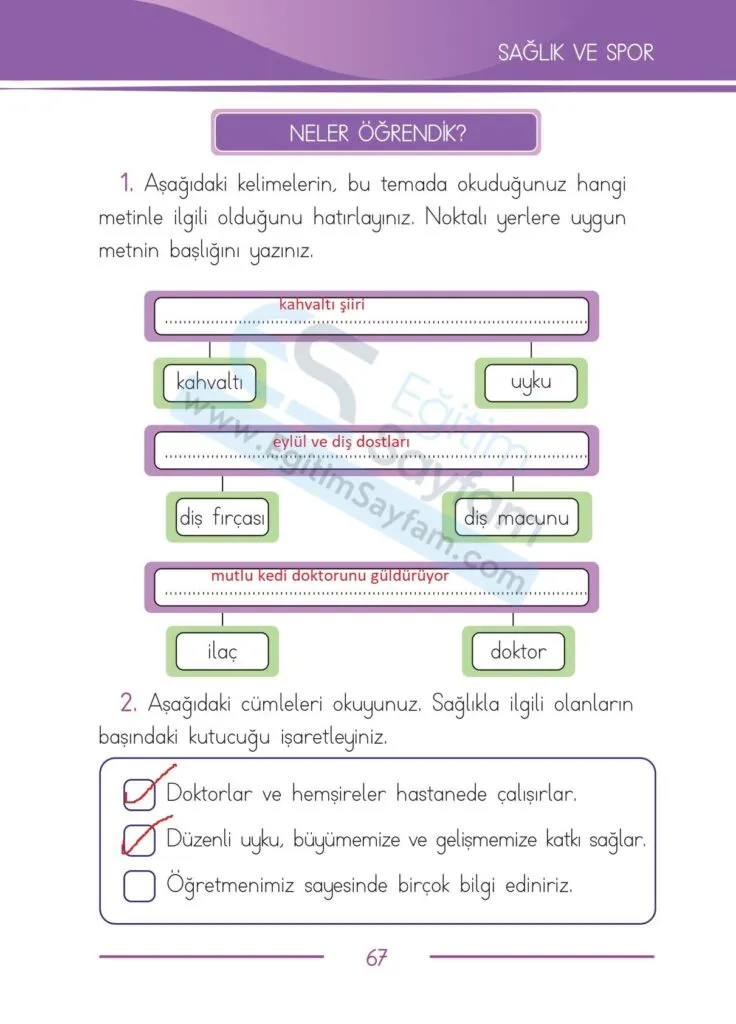 1. Sinif Turkce Ders Kitabi Cevaplari Bilim ve Kultur Yayinlari 67