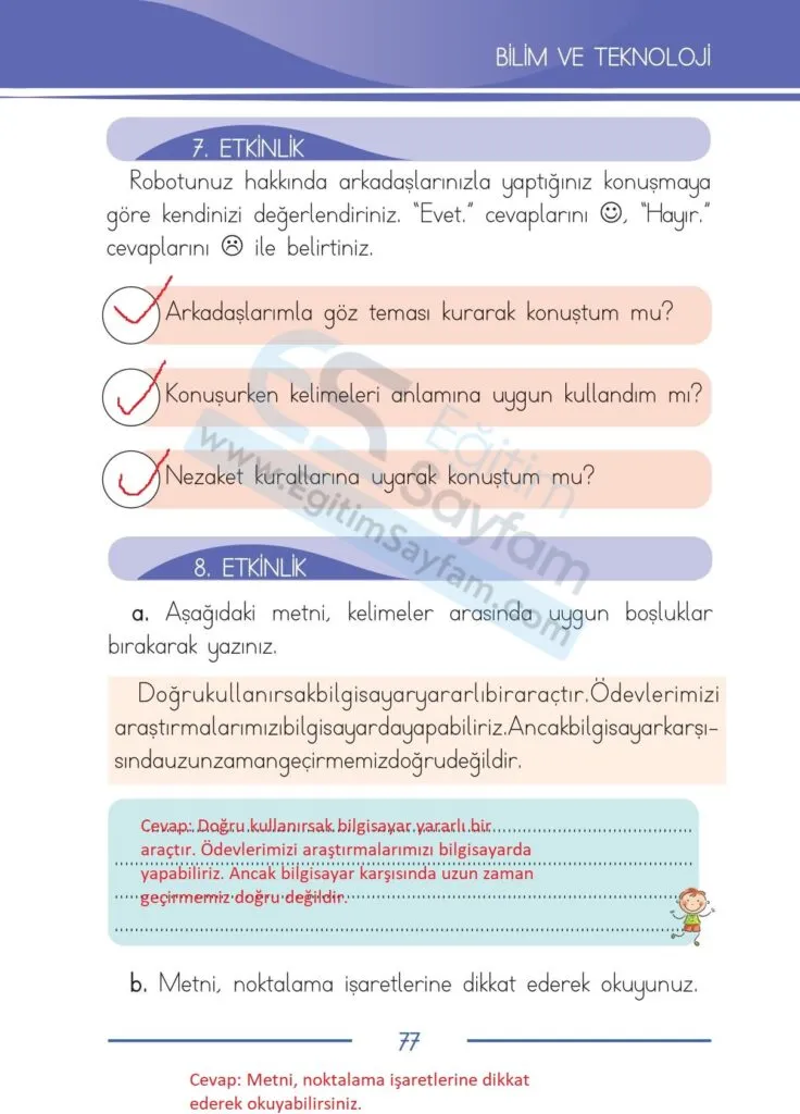 1. Sinif Turkce Ders Kitabi Cevaplari Bilim ve Kultur Yayinlari 77