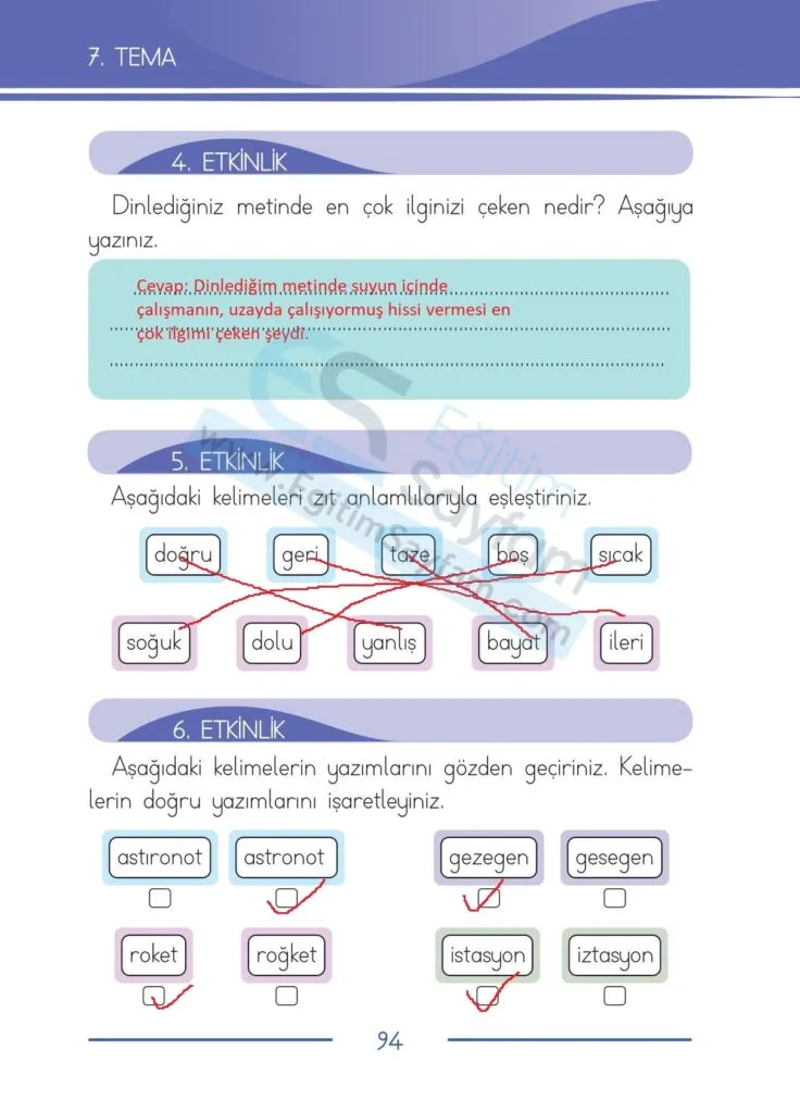 1. Sinif Turkce Ders Kitabi Cevaplari Bilim ve Kultur Yayinlari 94