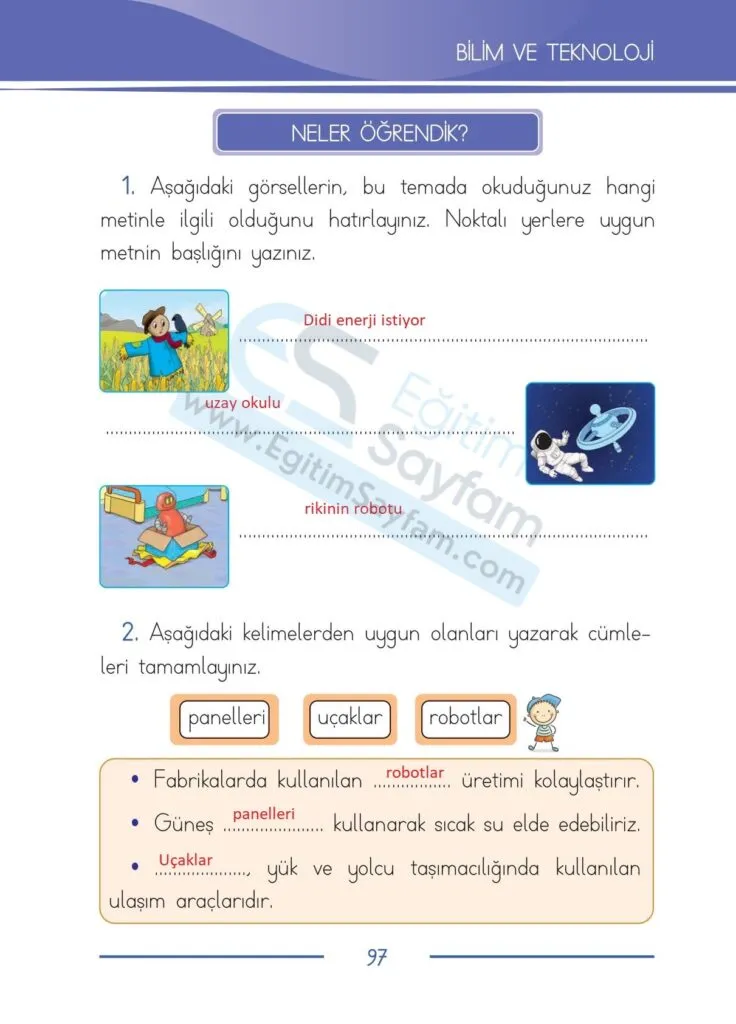 1. Sinif Turkce Ders Kitabi Cevaplari Bilim ve Kultur Yayinlari 97