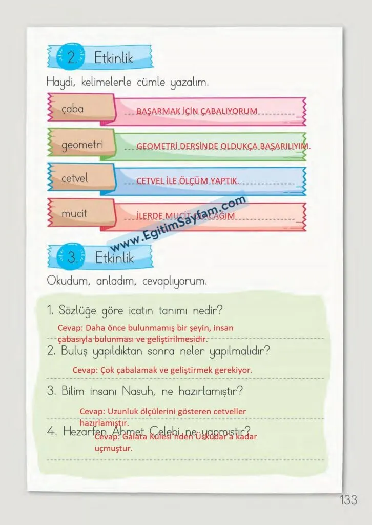1. Sinif Turkce Ders Kitabi Cevaplari Meb Yayinlari 133